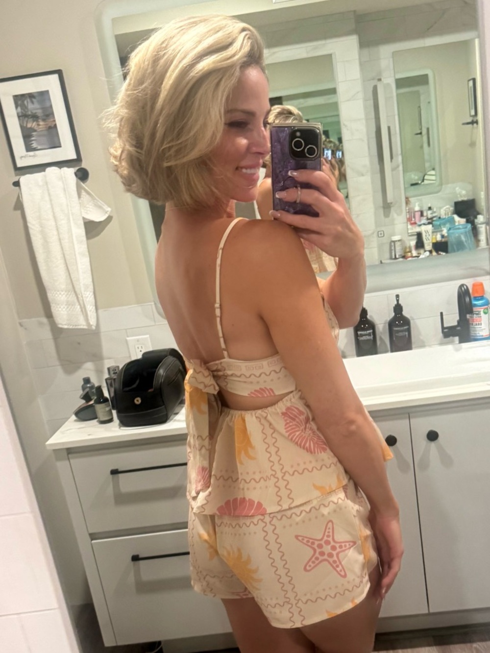 Women’s Cream Shell-Print Camisole Top with Tie Back and Short set